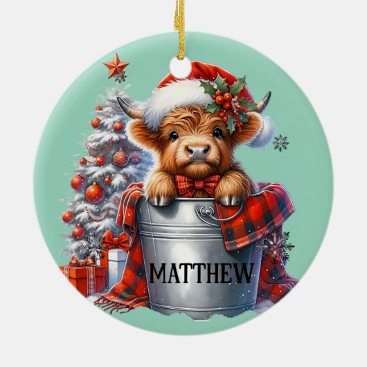 Naam Kerst Ornament Highland Koe in Bucket (Achterkant)