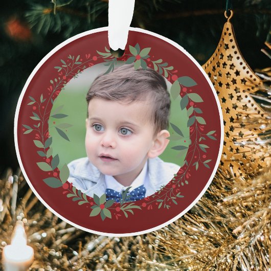 Naam Kind Foto Bourgondische Kerstkrans Ornament