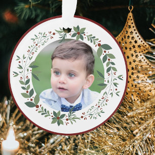 Naam Kind Foto Bourgondische Kerstkrans Ornament