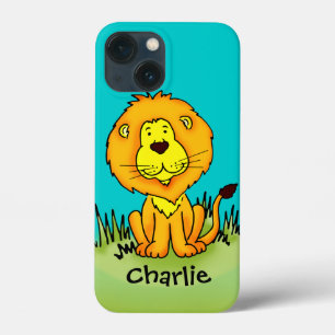 Naam kind lion aqua gele cartoon iPhone 13 mini hoesje