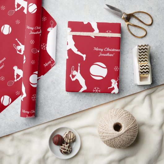 Naam Kind Santa Tennis Player Ball Pattern Red Xma Cadeaupapier (Crafts)