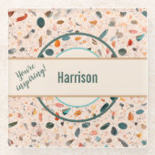 Naam, Kleurrijke Kleine Spaanders Mozaïek Terrazzo Glazen Onderzetter (Voorkant)