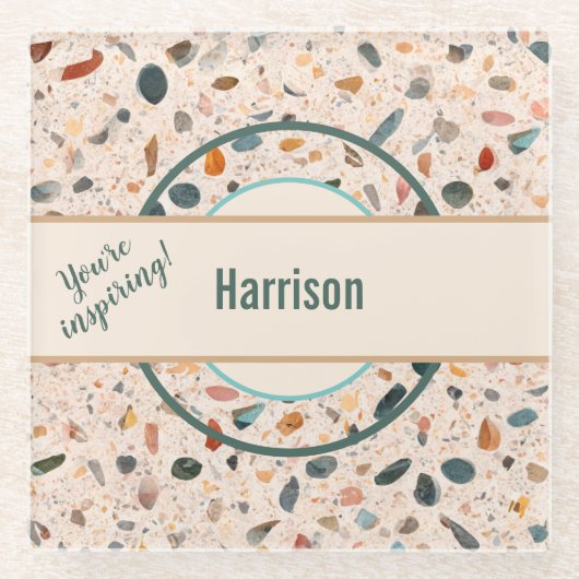 Naam, Kleurrijke Kleine Spaanders Mozaïek Terrazzo Glazen Onderzetter (Voorkant)