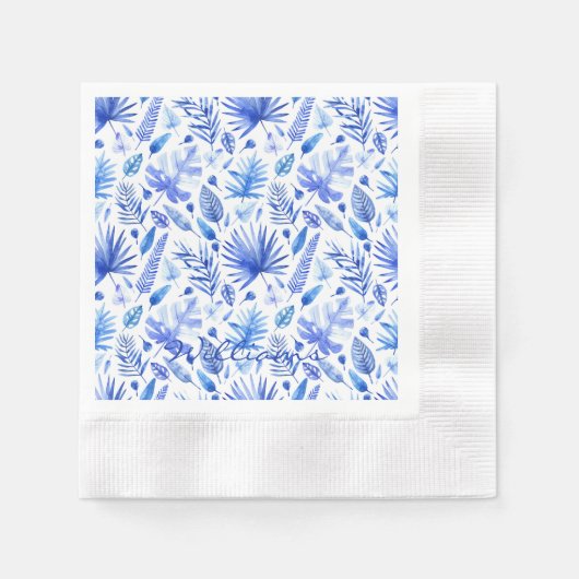 Naam Kobalt Blauw Tropische Bladeren Bedacht Cockt Servet (Voorkant)