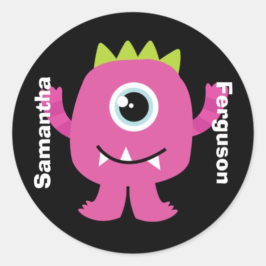 Naam Label/Sticker - Roze Monster Design Ronde Sticker (Voorkant)