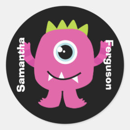 Naam Label/Sticker - Roze Monster Design Ronde Sticker