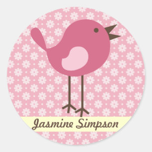 Naam Labels/Stickers Pink Bird - Daisy Design Ronde Sticker