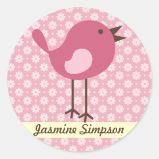Naam Labels/Stickers Pink Bird - Daisy Design Ronde Sticker