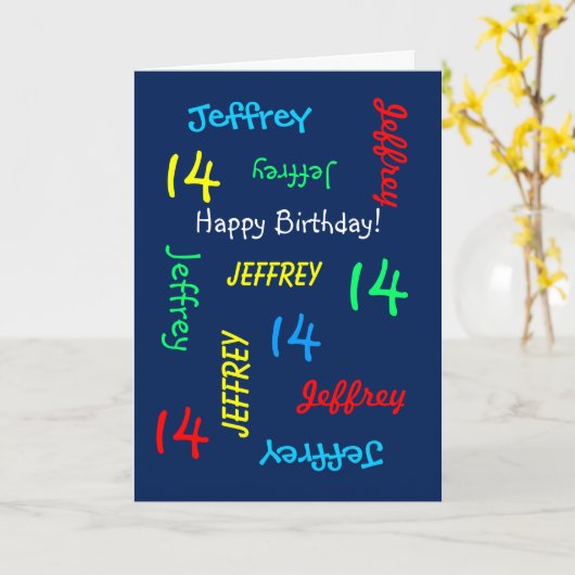Naam, Leeftijd, 14e verjaardag, Blauwe groet Kaart (Gele Bloem)