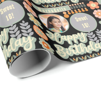 Naam Leeftijd Foto Retro Daisy Flower Verjaardag Cadeaupapier