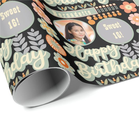 Naam Leeftijd Foto Retro Daisy Flower Verjaardag Cadeaupapier (Rol Hoek)