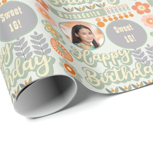 Naam Leeftijd Foto Retro  Daisy Flower Verjaardag Cadeaupapier (Rol Hoek)