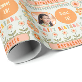 Naam Leeftijd Foto Retro  Daisy Flower Verjaardag Cadeaupapier