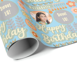 Naam Leeftijd Foto Retro  Daisy Flower Verjaardag Cadeaupapier