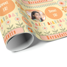 Naam Leeftijd Foto Retro  Daisy Flower Verjaardag Cadeaupapier