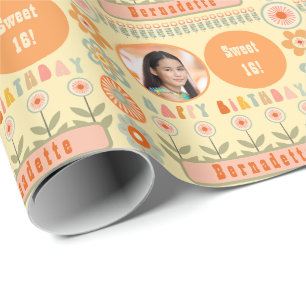 Naam Leeftijd Foto Retro  Daisy Flower Verjaardag Cadeaupapier