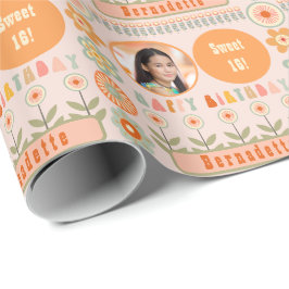 Naam Leeftijd Foto Retro  Daisy Flower Verjaardag Cadeaupapier