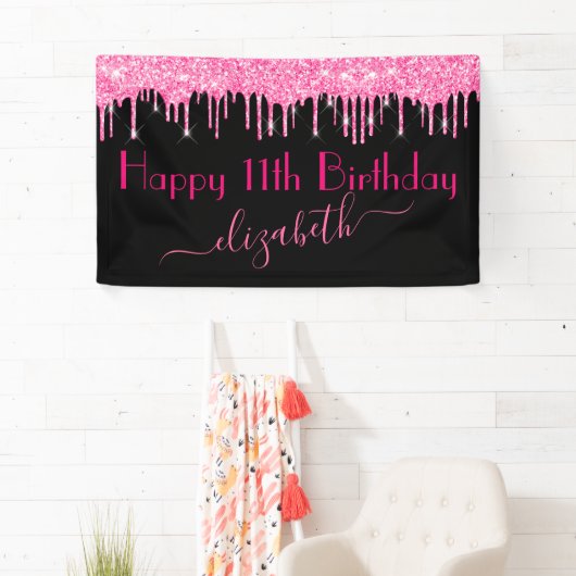 Naam Leeftijd Hot Pink Dripping Glitter Black Verj Spandoek (Insitu)