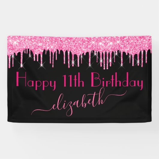 Naam Leeftijd Hot Pink Dripping Glitter Black Verj Spandoek (Horizontaal)