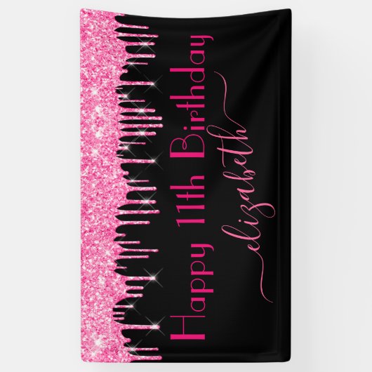 Naam Leeftijd Hot Pink Dripping Glitter Black Verj Spandoek (Verticaal)
