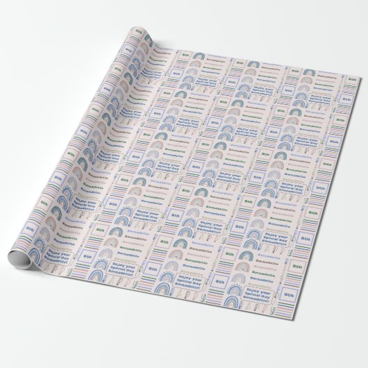 Naam Leeftijd Sentiment Boho Regenboog Roze Blauw  Cadeaupapier (Uitgerold)