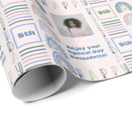 Naam Leeftijd Sentiment Boho Regenboog Roze Blauw  Cadeaupapier