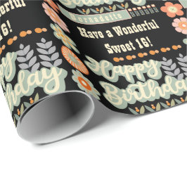 Naam Leeftijd Tekst Retro  Daisy Flower Verjaardag Cadeaupapier