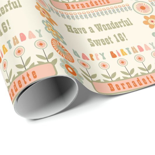 Naam Leeftijd Tekst Retro  Daisy Flower Verjaardag Cadeaupapier (Rol Hoek)