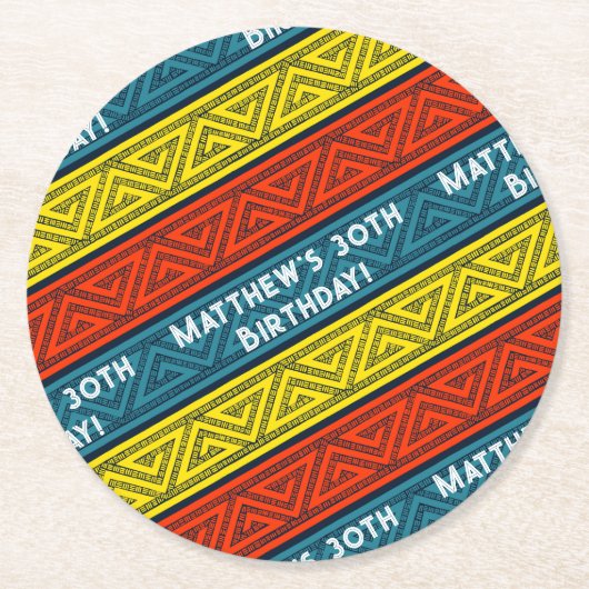 Naam & Leeftijd Verjaardagsfeest Blauw & Rood Kelt Ronde Kartonnen Onderzetter (Voorkant)