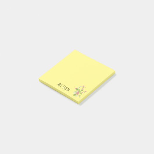 Naam leraar geel bloemenmonogram post-it® notes (Schuin)
