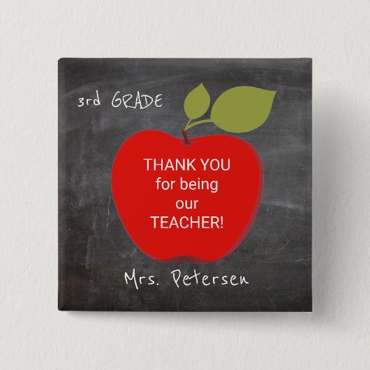 Naam leraar | Zwart rode appel dank u Vierkante Button 5,1 Cm (Voorkant)