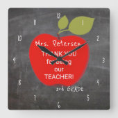 Naam leraar | Zwart rode appel dank u Vierkante Klok (Voorkant)