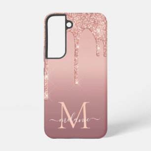 Naam Letter Persoonlijke Roos Blush Glitter Drips Samsung Galaxy Hoesje