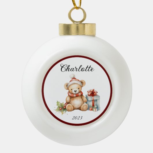 Naam Leuke Kerst Teddy Keramische Bal Ornament (Voorkant)
