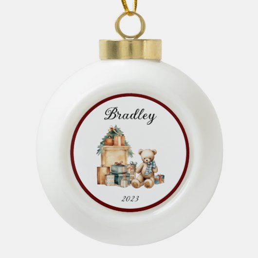 Naam Leuke Kerst Teddy Keramische Bal Ornament (Voorkant)