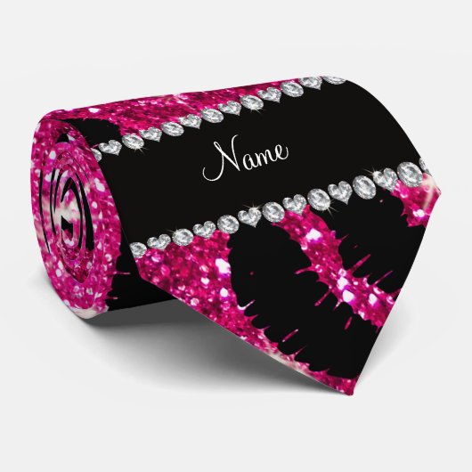 Naam lipstickisses neon hot roze glitter stropdas (Opgerold)