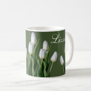naam Lizzie witte tulpenbloemen groen Koffiemok