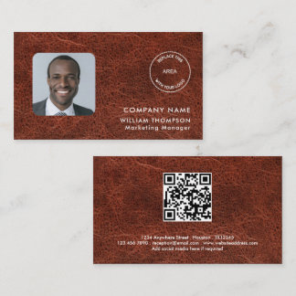 Naam Logo Foto QR Code Bruin kunstleder Visitekaartje