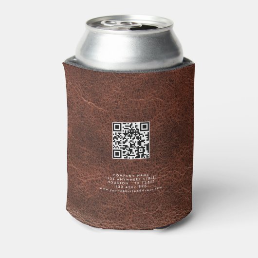 Naam Logo QR-code bruin kunstleder Blikjeskoeler (Blikje Achterkant)