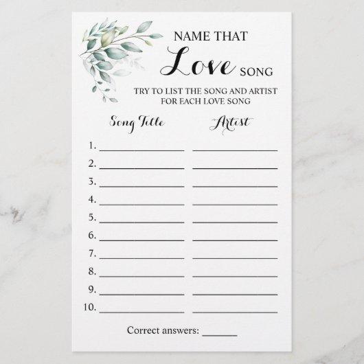 Naam: Love Song Greenery Eucalyptus Game Card Flyer (Voorkant)