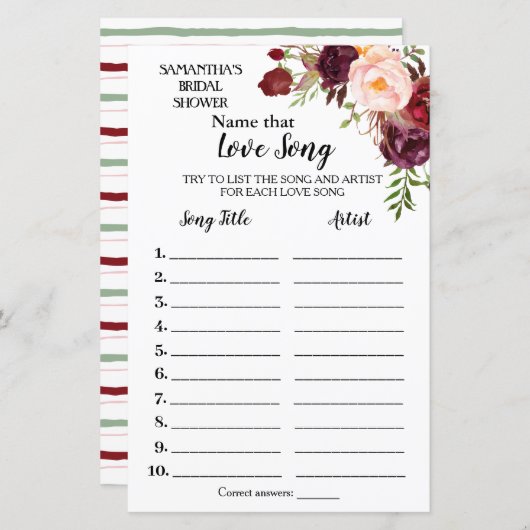 Naam: Love Song Marsala Vrijgezellenfeest Game (Voorkant / Achterkant)