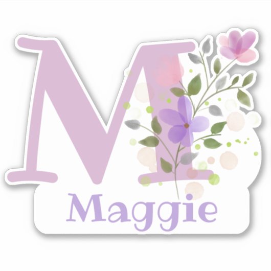 Naam Maggie plus Initiaal met Bloemendesign Sticker (Voorkant)