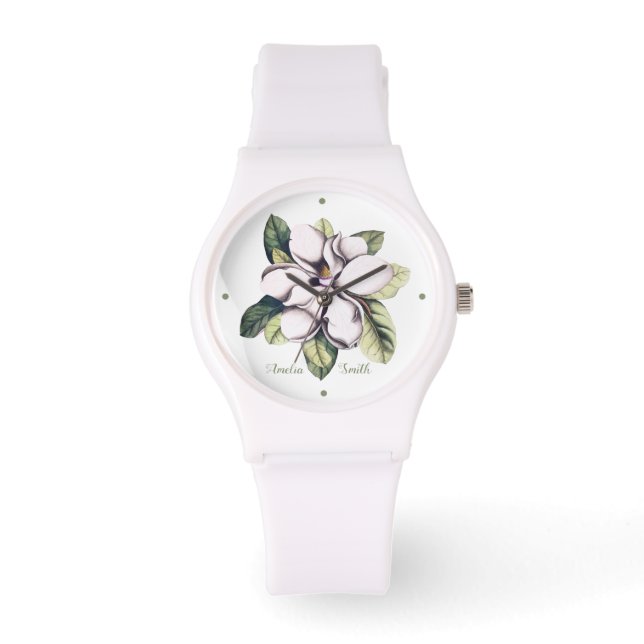 Naam magnolia Flower Monogram Horloge (Voorkant)