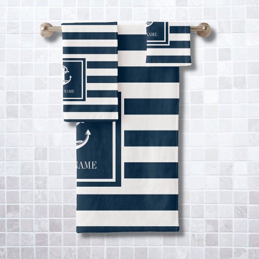 Naam marineblauw Stripe Nautical Anchor Boat Bad Handdoek