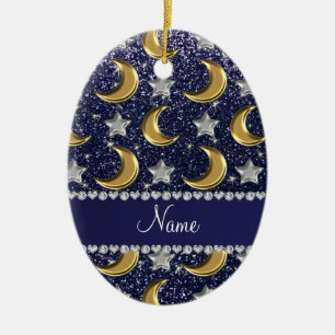 Naam marineblauwe glitter Gold moons zilversterren Keramisch Ornament