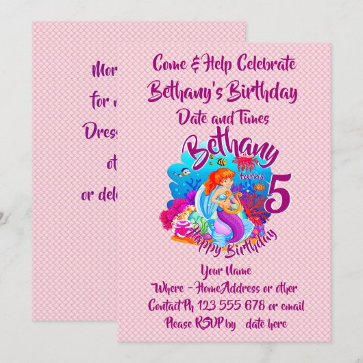 Naam Mermaid Birthday Party wijzigen Persoonlijk w Kaart (Voorkant / Achterkant)