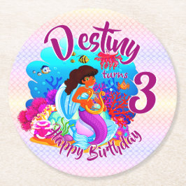 Naam Mermaid Birthday Party wijzigen Persoonlijk w Ronde Kartonnen Onderzetter