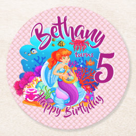 Naam Mermaid Birthday Party wijzigen Persoonlijk w Ronde Kartonnen Onderzetter