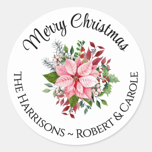 Naam Merry Christmas Pink Poinsettia Boeket 3-in Ronde Sticker (Voorkant)