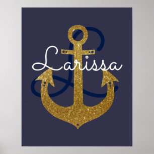 naam met initiaal, nautisch gouden anker, girale poster